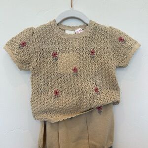 Kids Beige Knit Top and Short with Floral Accents